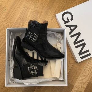 Ganni Black Ankle Boots with Buckle Detail